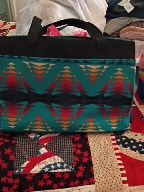 Pendleton Brand Teal Geometric Canvas Tote Bag with Black Handles